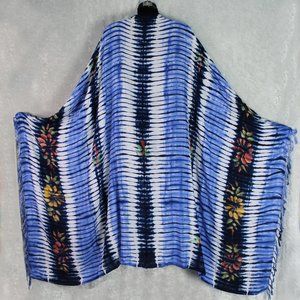 Indigo & White Tie-Dye Sarong with Flowers & Fring